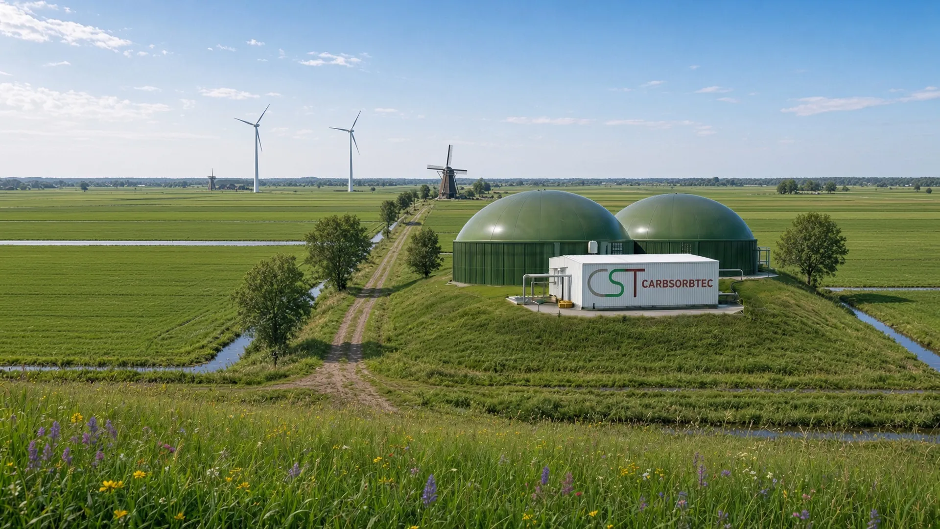 A CarbSorbTec biogas upgrading plant with two green digester domes and wind turbines on a green hillside