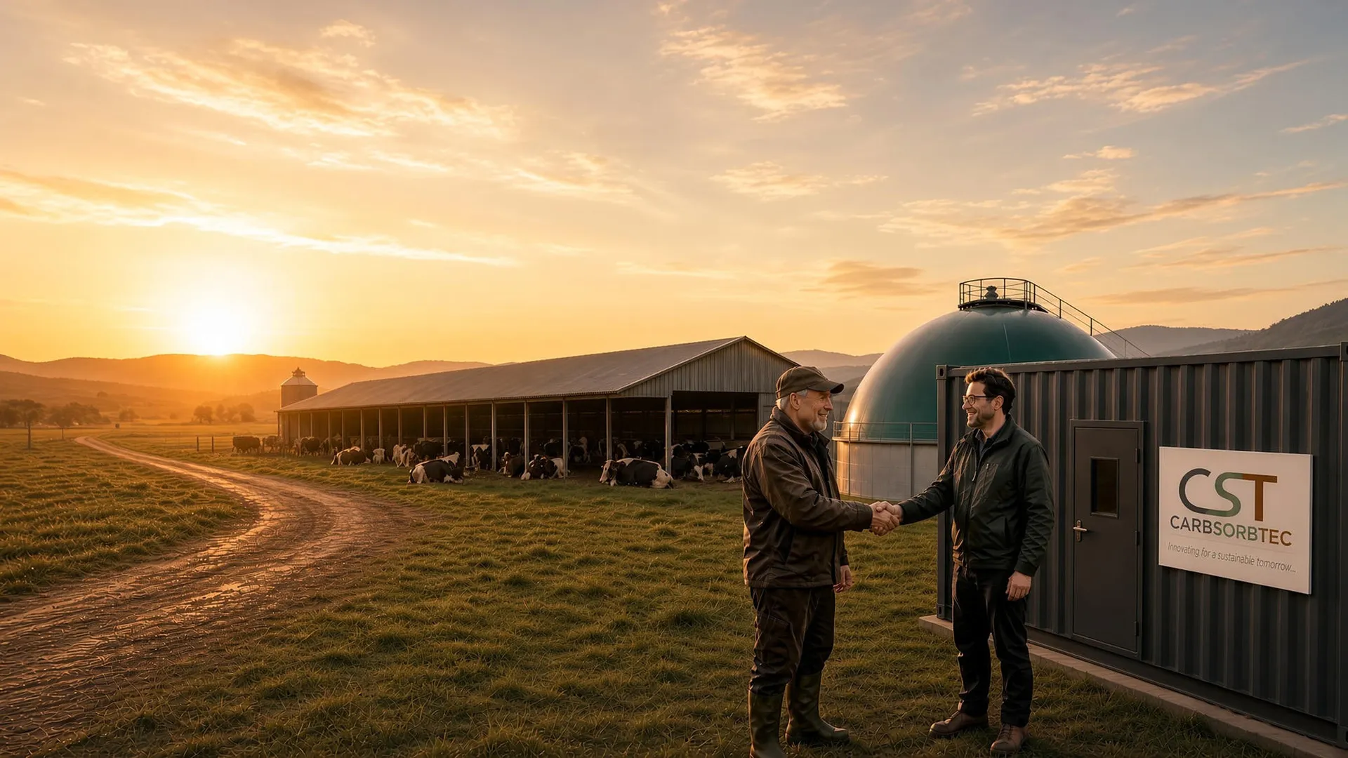 A farmer and a CarbSorbTec representative shaking hands in front of a biogas upgrading unit on a dairy farm