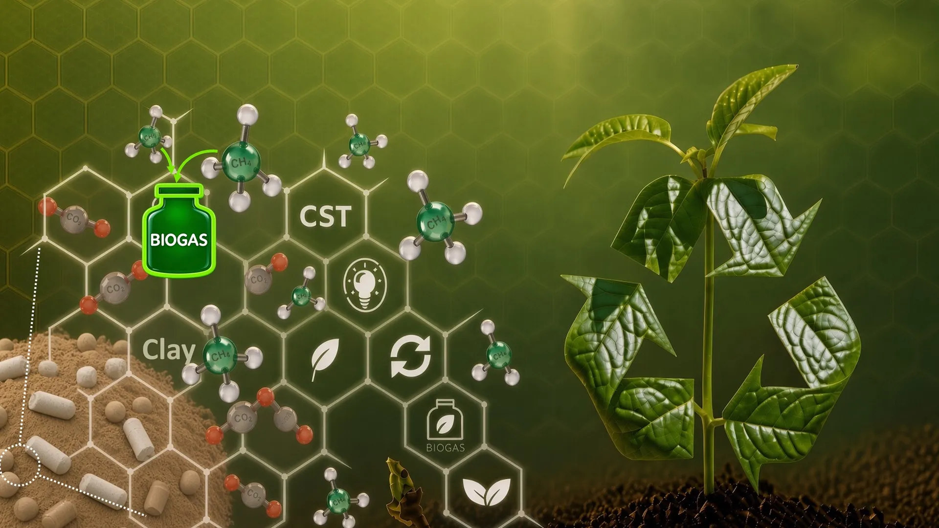 A young plant growing beside a recycling symbol and molecular diagram representing CO2 and CH4 capture within CST clay