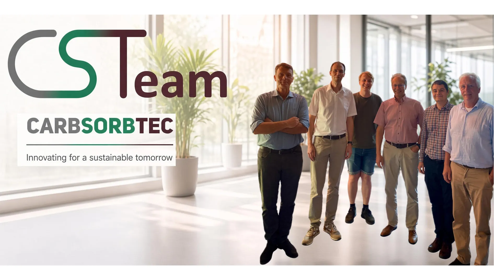 The CarbSorbTec team standing together in a bright office space, with the CarbSorbTec logo and "Innovating for a sustainable tomorrow" tagline overlaid