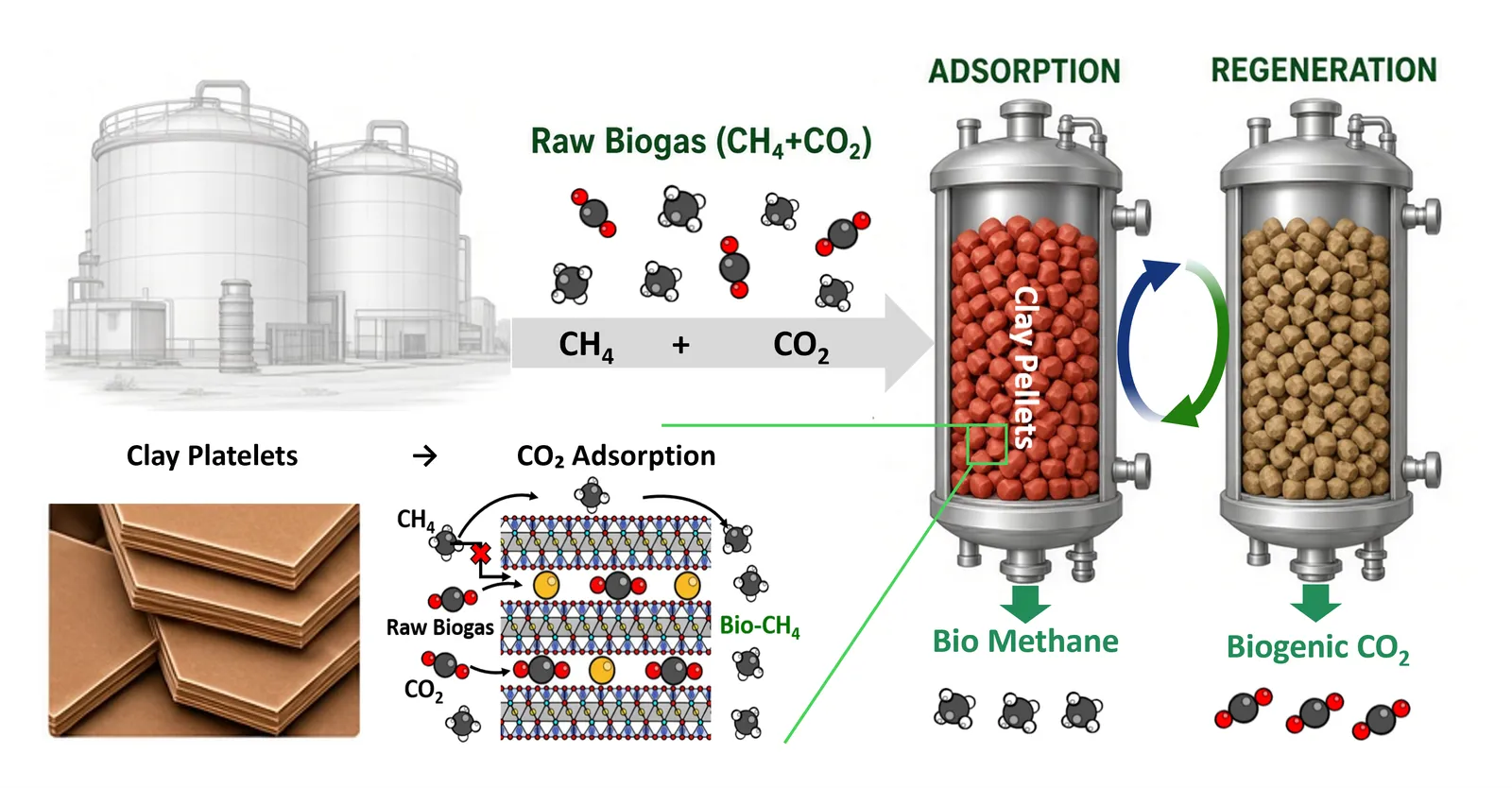 Raw biogas of CH₄ and CO₂ from a digester feeds an adsorption column of clay pellets that yields biomethane, while a paired column regenerates and releases biogenic CO₂, with an inset showing the clay platelets and CO₂ adsorption between their layers